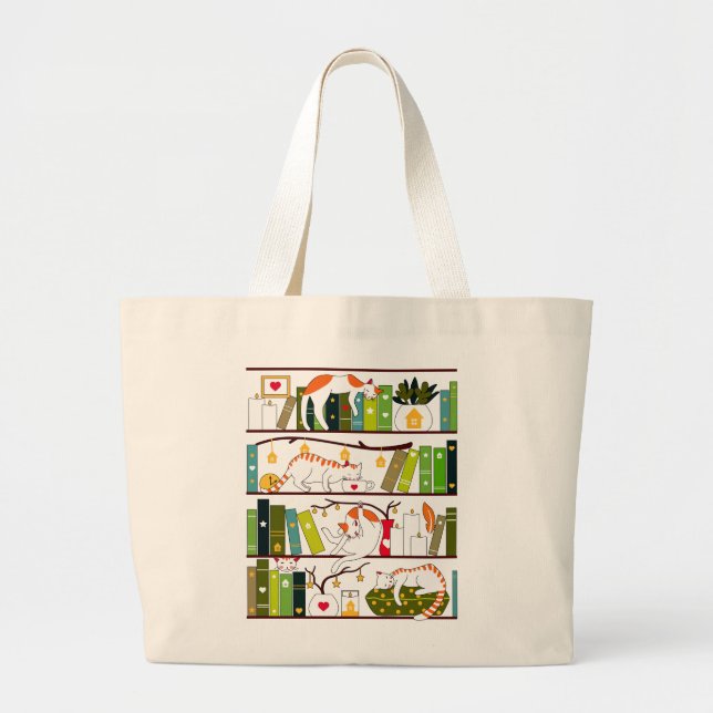 Cats On Bookshelf, Cat And Book Lover Gift Large Tote Bag (Front)