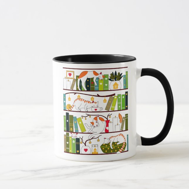 Cats On Bookshelf, Cat And Book Lover Gift Mug (Right)