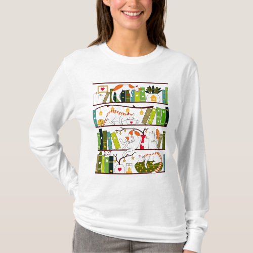 Cats On Bookshelf Cat And Book Lover Gift T_Shirt