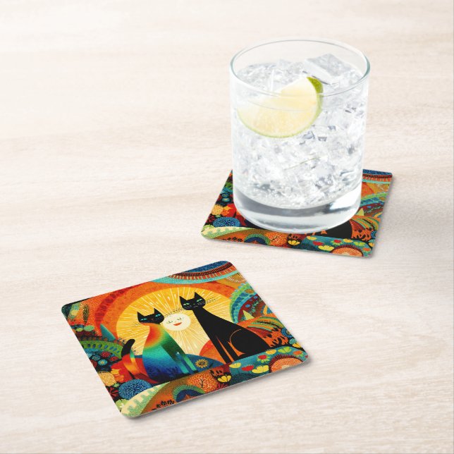 Cats on Bright and Colorful Background, Square Paper Coaster (Insitu)