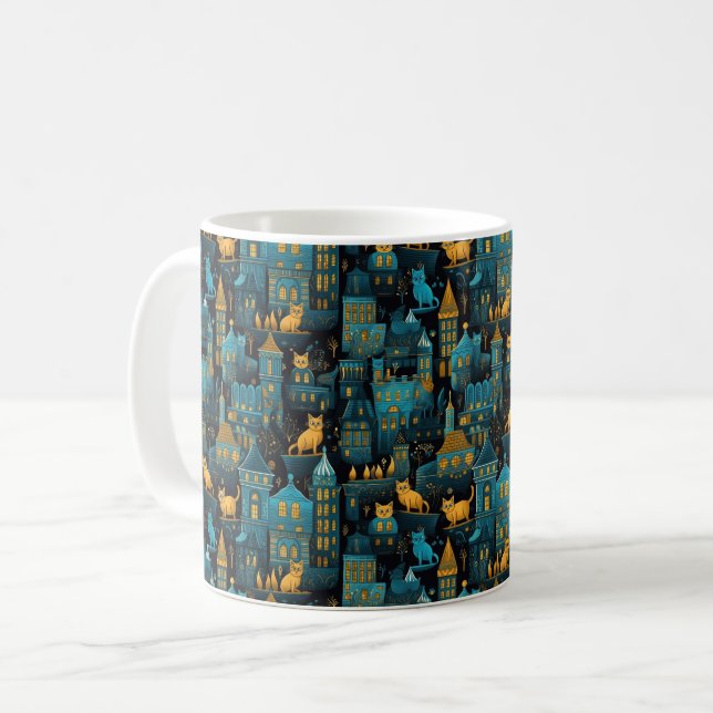 Cats on City Roofs Ai Art Coffee Mug (Front Left)