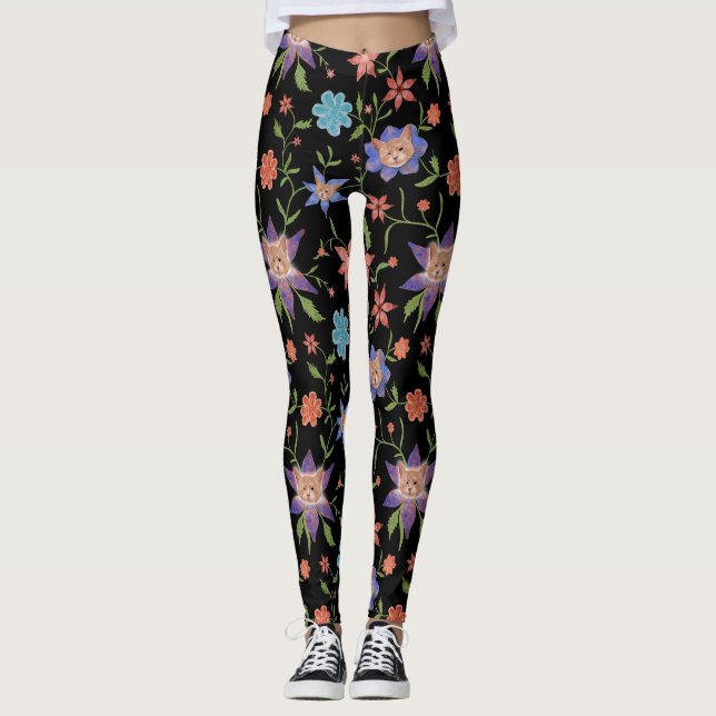 Cats on colorful flowers leggings (Front)