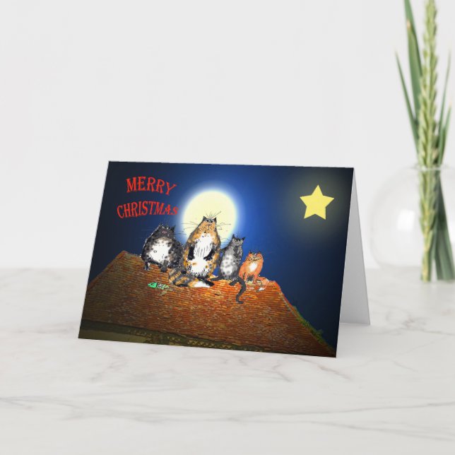 Cats on roof,  Merry Christmas, humor Holiday Card (Front)