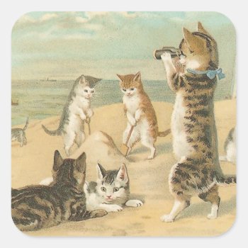 "cats On The Beach " Vintage Square Sticker by PrimeVintage at Zazzle