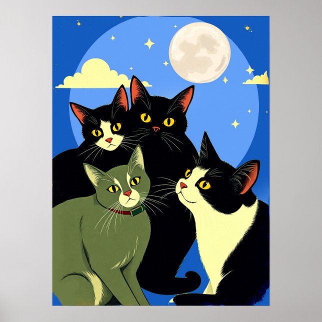 Cats on the Prowl Under the Full Moon  Poster (Front)