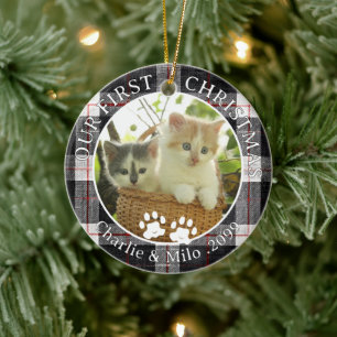 Cats Our First Christmas Photo Plaid Ceramic Ornament