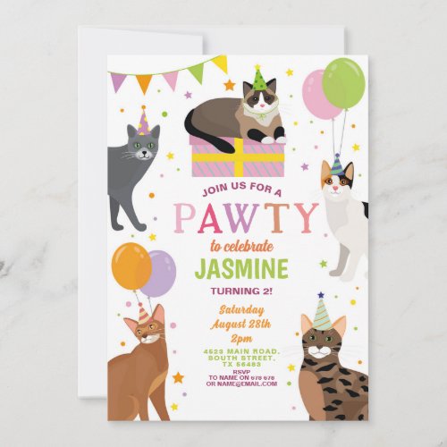 Cats Party Birthday Party Girls Fun  Invitation