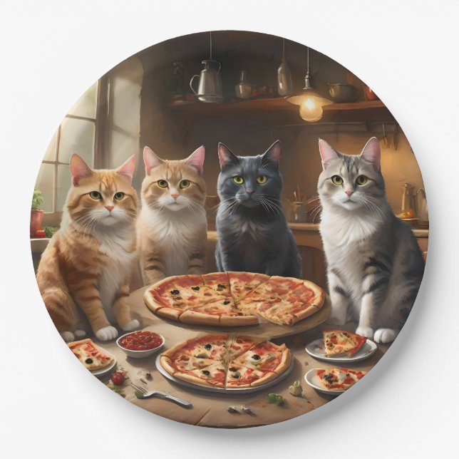 Cats Party Pizza Night, Paper Plates (Front)
