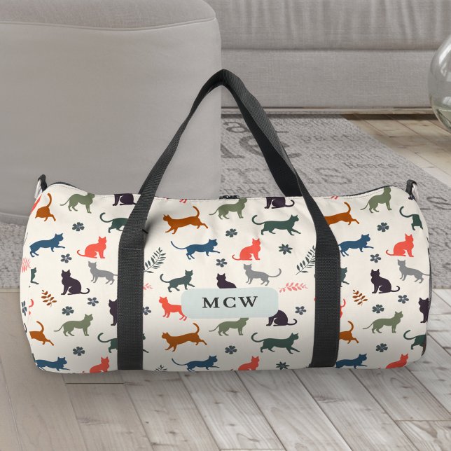 Cats Pattern Modern Elegant Monogram Initials Duffle Bag (A stylish duffel bag for travel, with monogram initials and colorful cat silhouettes pattern)