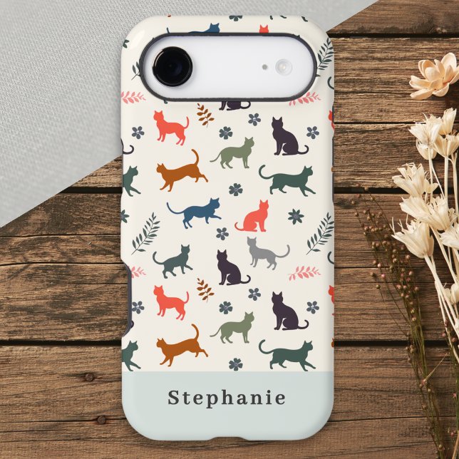 Cats Pattern Modern Elegant Personalized iPhone Case (A personalized phone case in cream and light sage, with pattern of cat silhouettes in various colors)