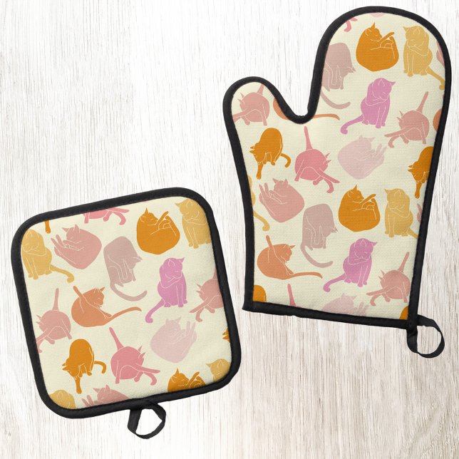 Cats Pattern Orange Pink Yellow Oven Mitt & Pot Holder Set (Pink orange and yellow fun kitty cat pattern kitchen oven mitt and pot holder)