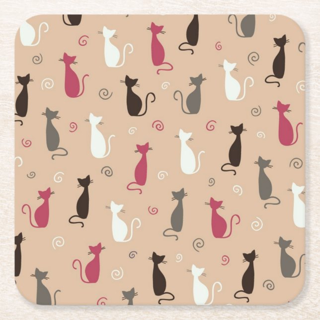 cats Pattern Pink Square Paper Coaster (Front)