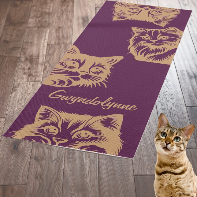 Cats Peeking Cute Purple Gold Monogram Yoga Mat (Creator Uploaded)