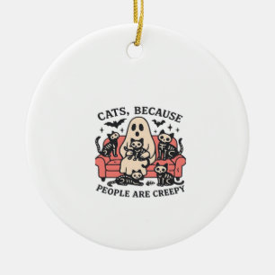 Cats People Are Creepy Skeleton Halloween Tee Over Ceramic Ornament