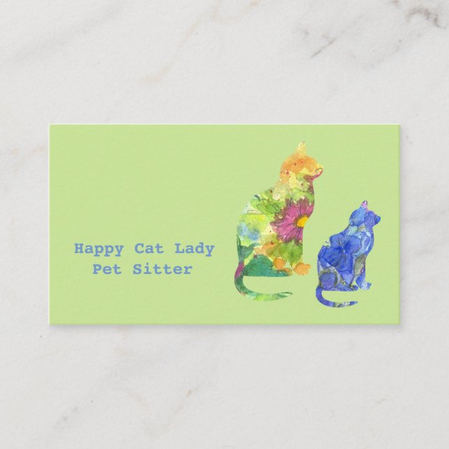Cats Pet Sitter Flowers Green Business Card (Front)