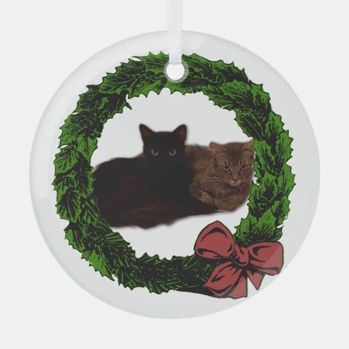 Cats Photo Evergreen Wreath with Red Bow Frame Glass Ornament