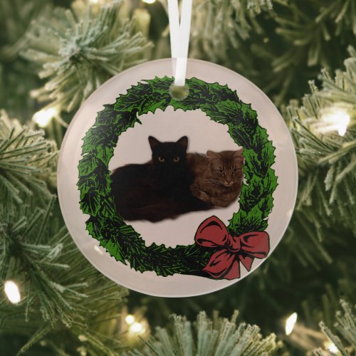 Cats Photo Evergreen Wreath with Red Bow Frame Glass Ornament