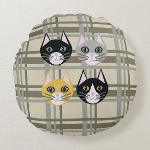 Cats plaid gray/cream round pillow