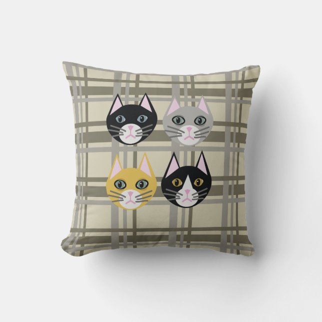 Cats plaid gray/cream throw pillow (Front)
