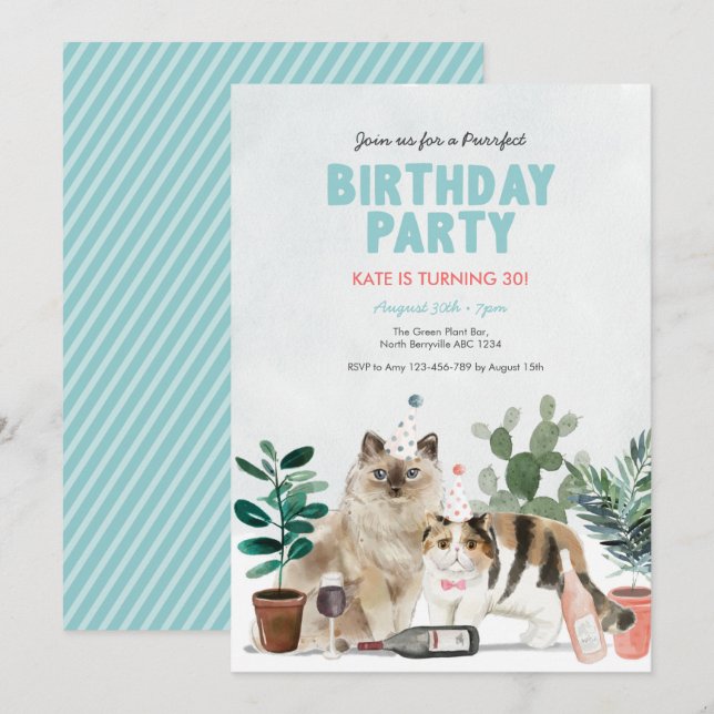 Cats Plants and Wine Birthday Invitation (Front/Back)