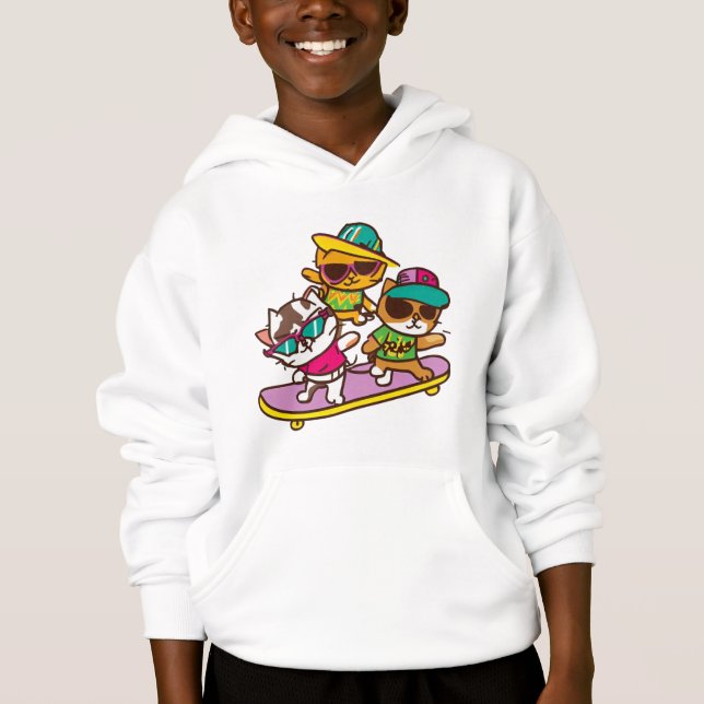 Cats Play Skateboard Wearing Glasses Hip Hop Hat   Hoodie (Front)