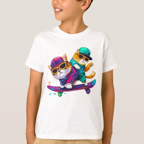 Cats Play Skateboard Wearing Glasses Hip Hop Hat   T_Shirt