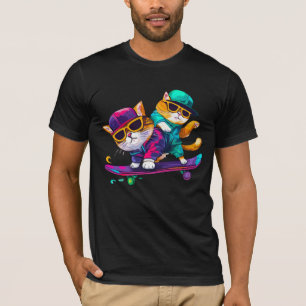 Cats Play Skateboard Wearing Glasses Hip Hop Hat   T-Shirt