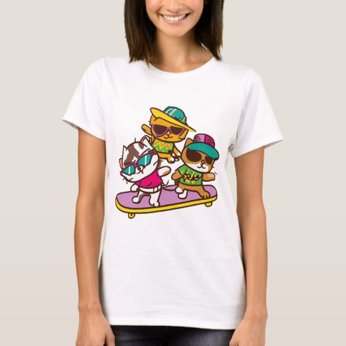 Cats Play Skateboard Wearing Glasses Hip Hop Hat   T_Shirt