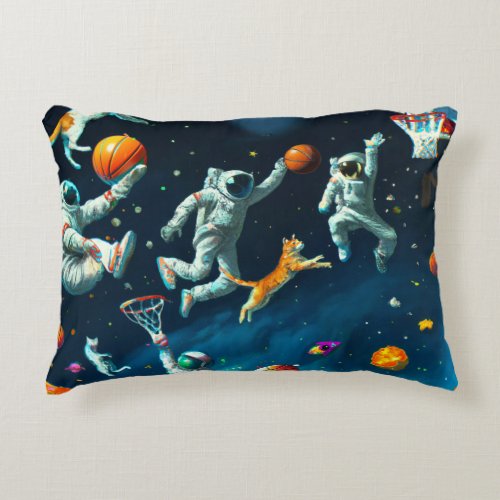 Cats Playing Basketball in Space with Astronauts Accent Pillow