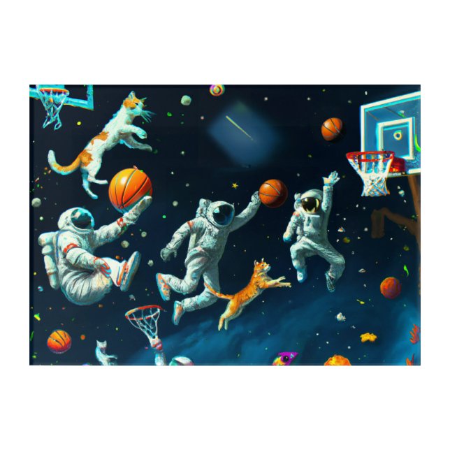 Cats Playing Basketball in Space with Astronauts Acrylic Print (Front)