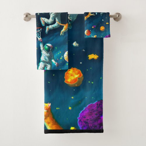 Cats Playing Basketball in Space with Astronauts Bath Towel Set