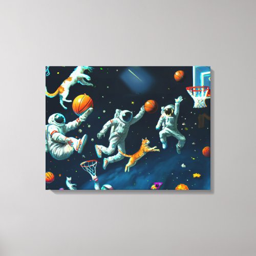 Cats Playing Basketball in Space with Astronauts Canvas Print