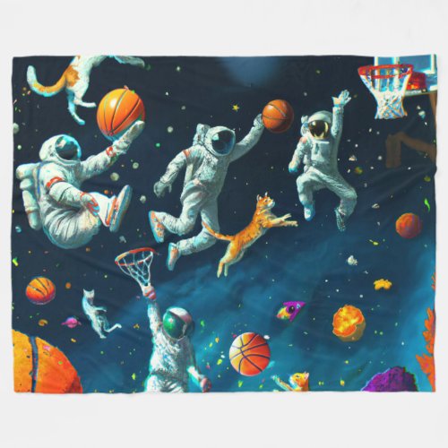 Cats Playing Basketball in Space with Astronauts Fleece Blanket