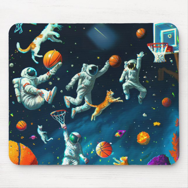 Cats Playing Basketball in Space with Astronauts Mouse Pad (Front)