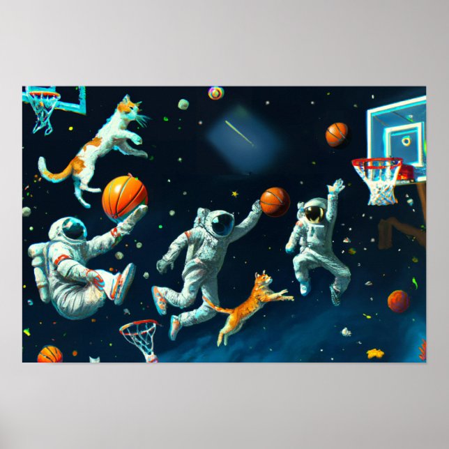Cats Playing Basketball in Space with Astronauts Poster (Front)