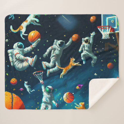 Cats Playing Basketball in Space with Astronauts Sherpa Blanket