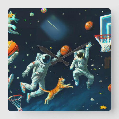 Cats Playing Basketball in Space with Astronauts Square Wall Clock