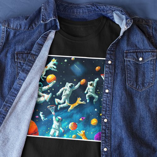 Cats Playing Basketball in Space with Astronauts T_Shirt