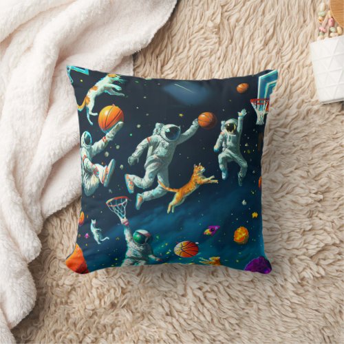 Cats Playing Basketball in Space with Astronauts Throw Pillow
