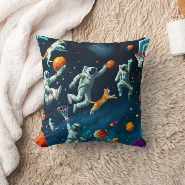 Cats Playing Basketball in Space with Astronauts Throw Pillow (Blanket)