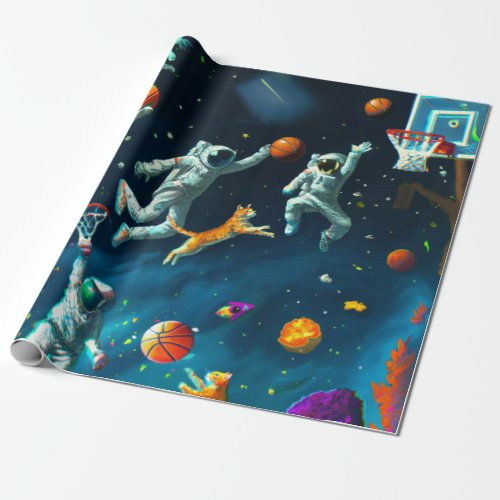 Cats Playing Basketball in Space with Astronauts Wrapping Paper