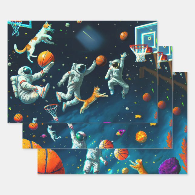 Cats Playing Basketball in Space with Astronauts Wrapping Paper Sheets (Set)
