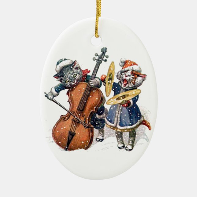 Cats Playing Christmas Music in the Snow Ceramic Ornament (Front)