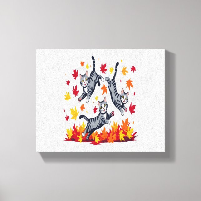 Cats Playing in Autumn Leaves Canvas Print (Front)
