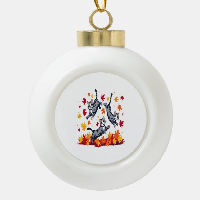 Cats Playing in Autumn Leaves Ceramic Ball Christmas Ornament (Front)