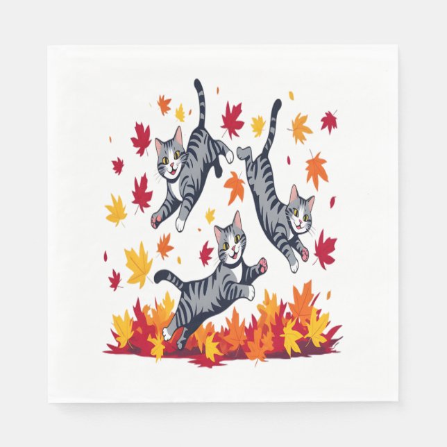 Cats Playing in Autumn Leaves Napkins (Front)