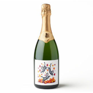 Cats Playing in Autumn Leaves Sparkling Wine Label