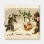 Cats playing in the snow Vintage Christmas Magnet