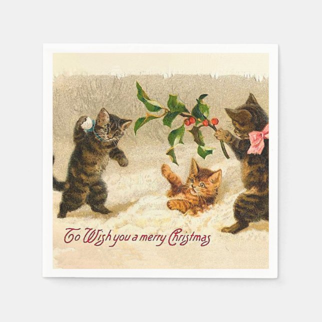 Cats playing in the snow Vintage Christmas Napkins (Front)