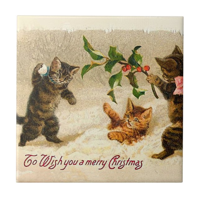 Cats playing in the snow Vintage Christmas Tile (Front)